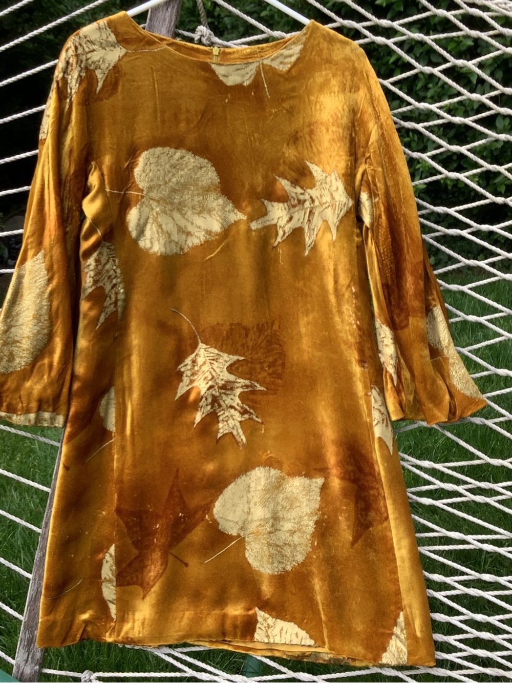 Golden Velvet Leaf-Print A-Line Dress